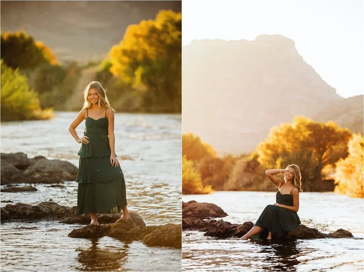 Senior in a green dress on the river at golden hour
