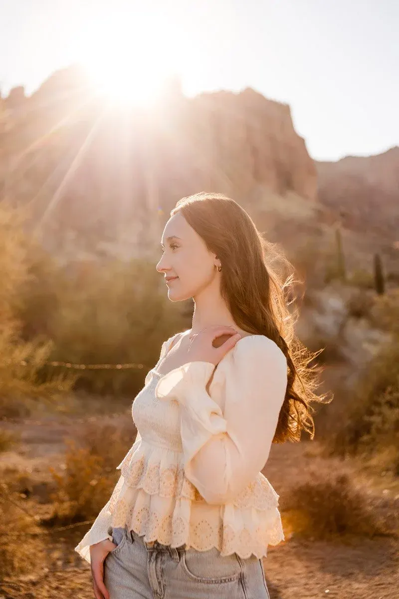 Senior portrait at sunrise at Lost Dutchman State Park, Arizona