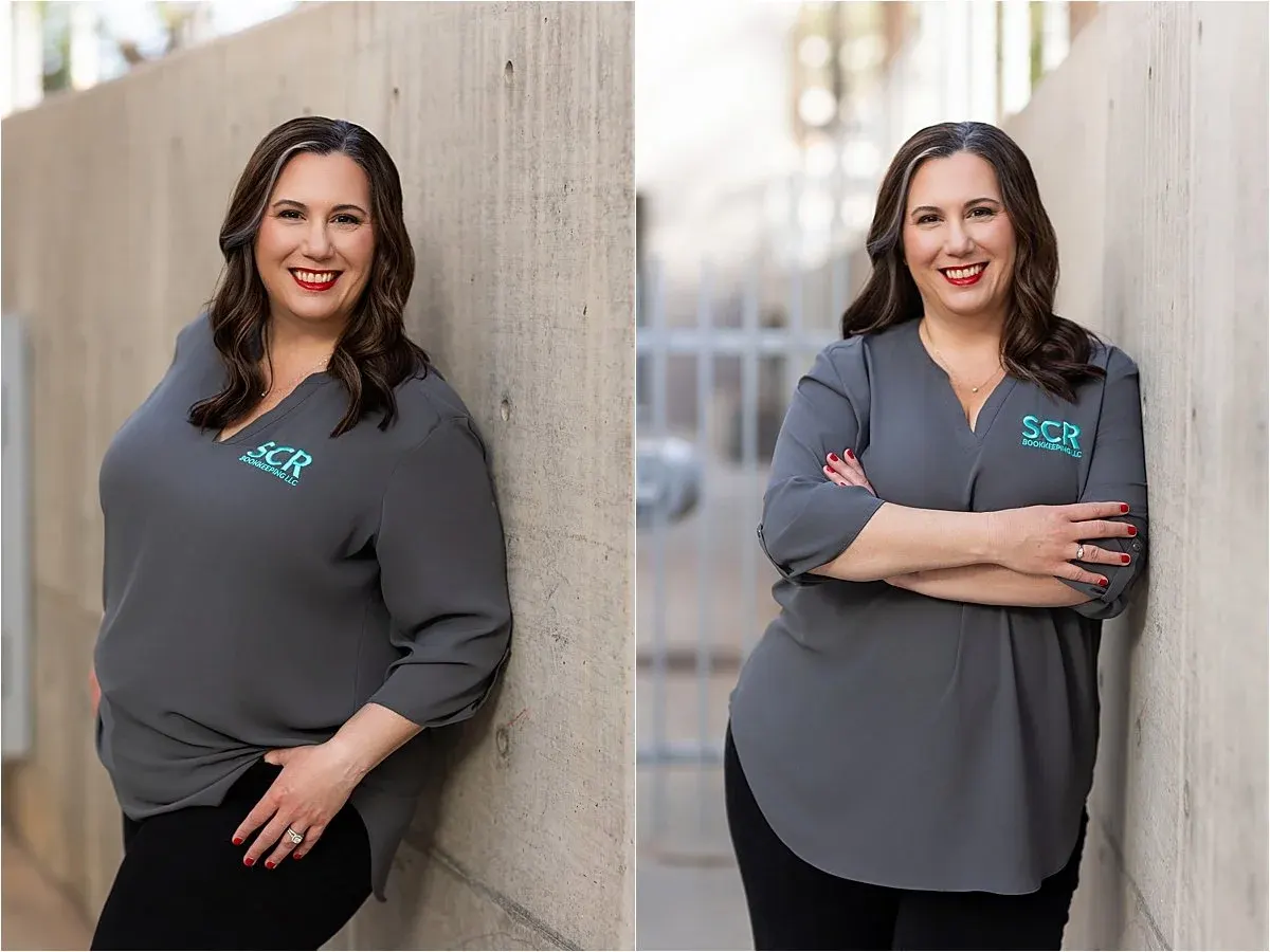 Branding photos of a Phoenix bookkeeper in a gray top